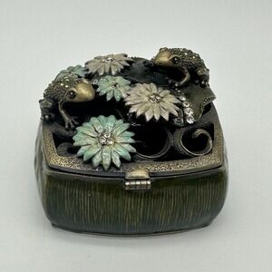 Enamel Frog Trinket Box Crystal Water Lily Pond Magnetic Closure Green Bronze